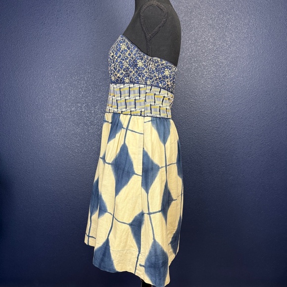 Anthropologie Maeve Boho Shibori Tie Dye Strapless Dress, Blue & Tan, Size 8 - Picture 3 of 15